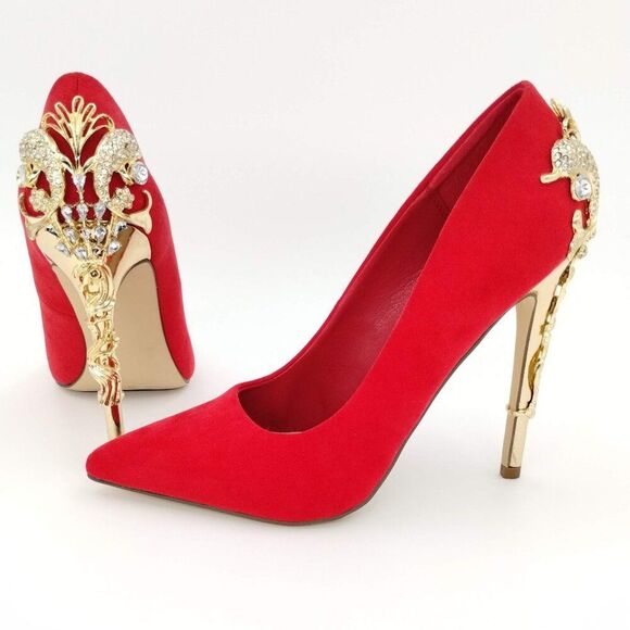 JustFab Heels Red Pumps Embellished Gold Heel Size 8 - Picture 1 of 12